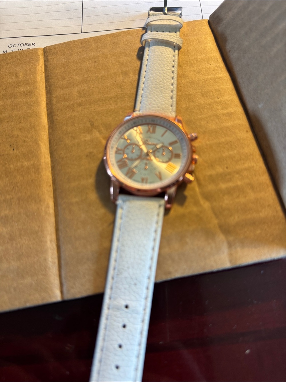 Geneva Rose Gold Case White Leather Strap Women's Watch